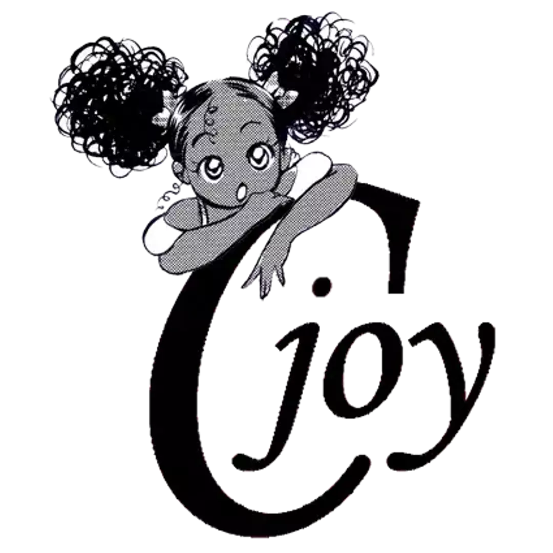 A girl with 2 afro puffs leans on the words "C Joy"